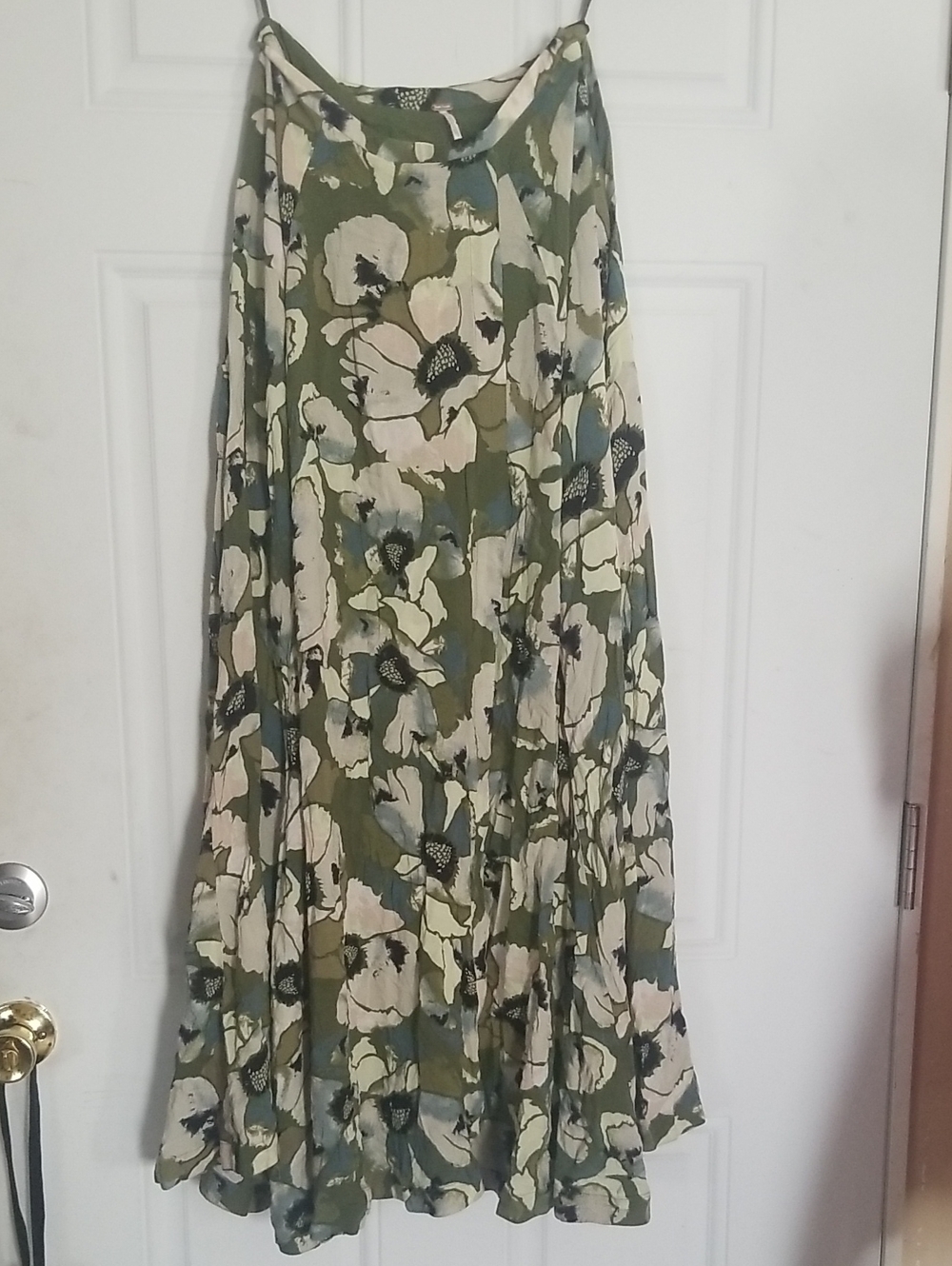 Free People Olive Green Floral Maxi Skirt with Cream & Blue Accents